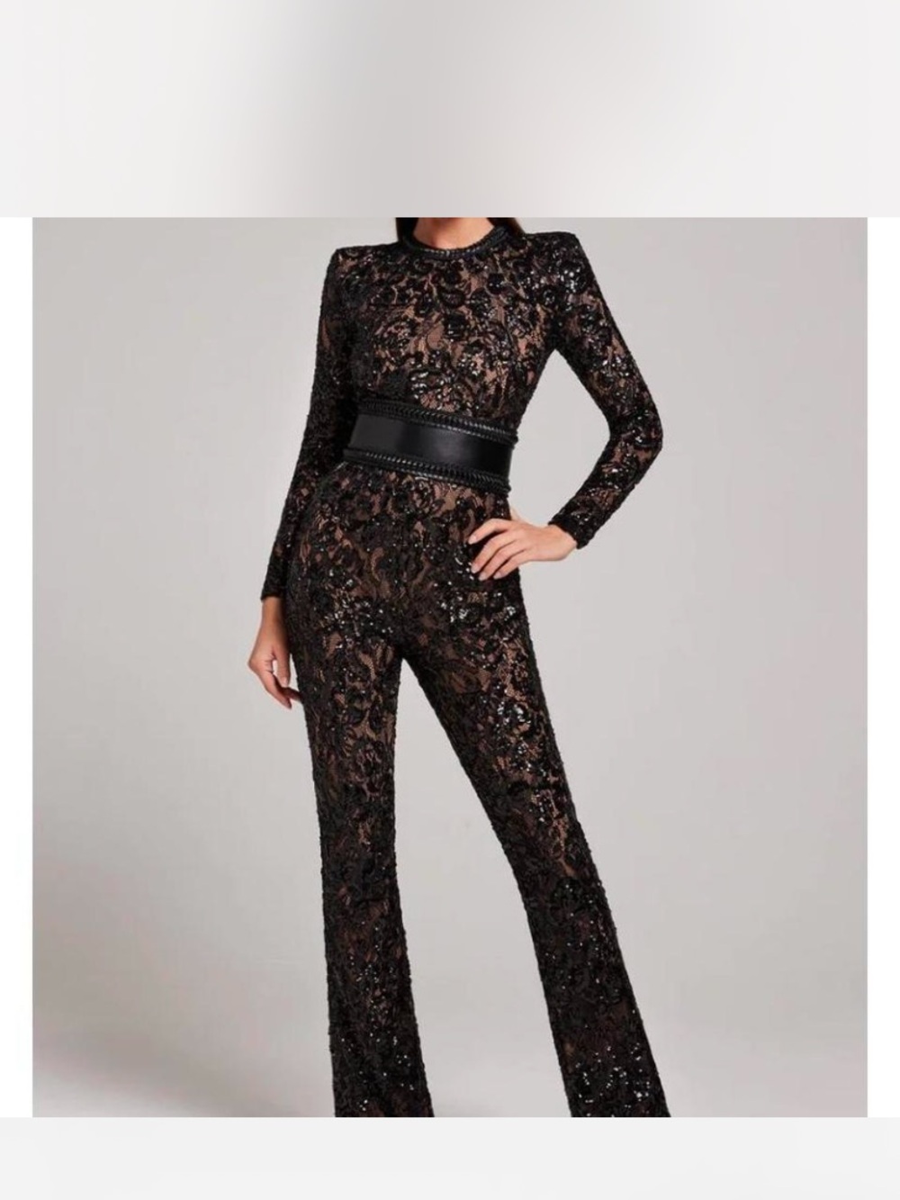 NADINE MERABI Black Lace Sequin Jumpsuit with Wide Waist Belt